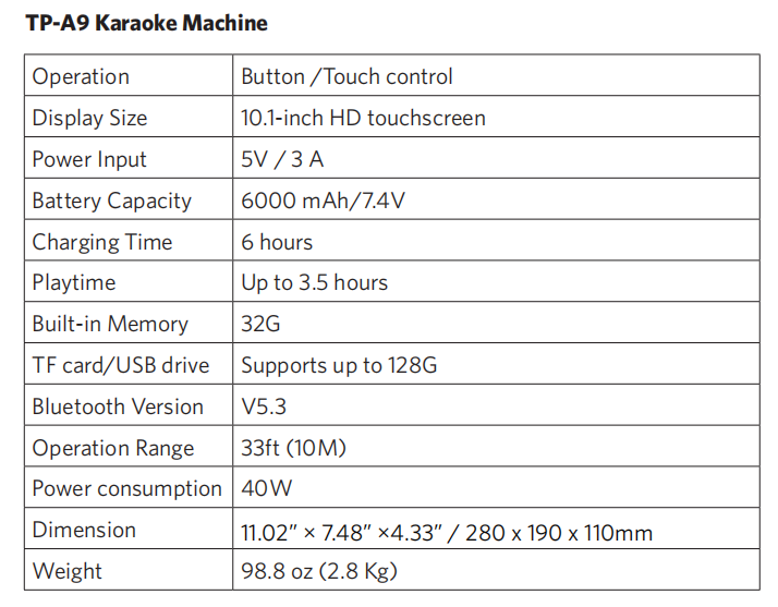 TPA9 - Portable Karaoke speaker with 10.1''HD Touchscreen